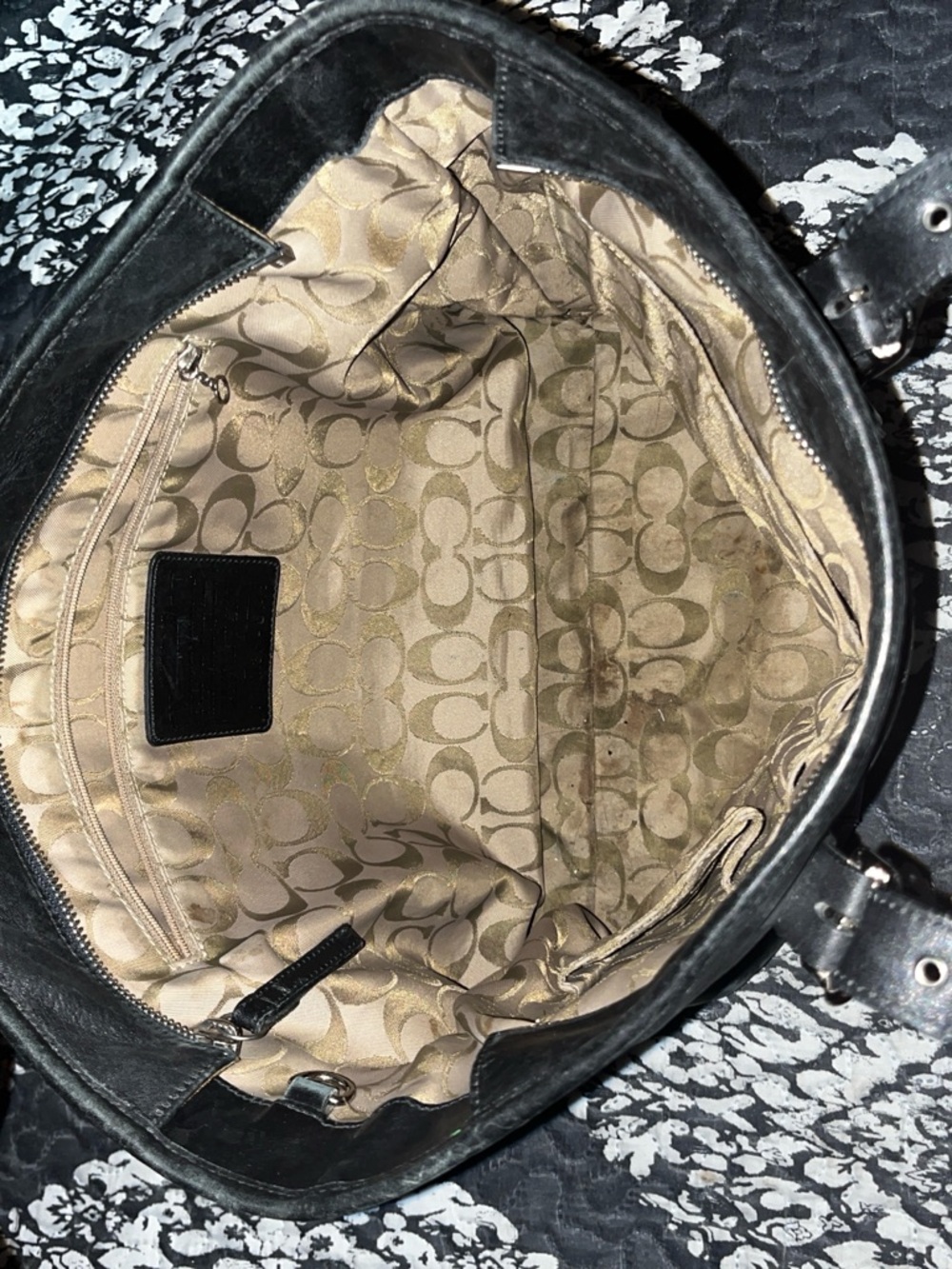 Coach Black Leather Shoulder Bag with Signature Beige Interior